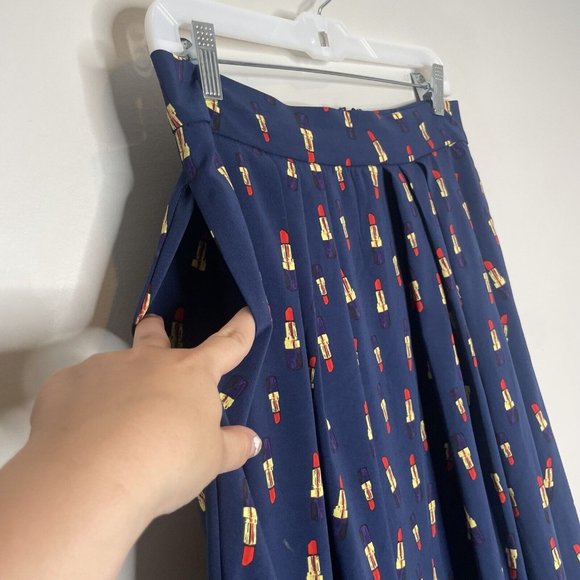 Eva Mendes Lipstick Novelty Print Midi Skirt Navy Size 8 - Picture 7 of 8
